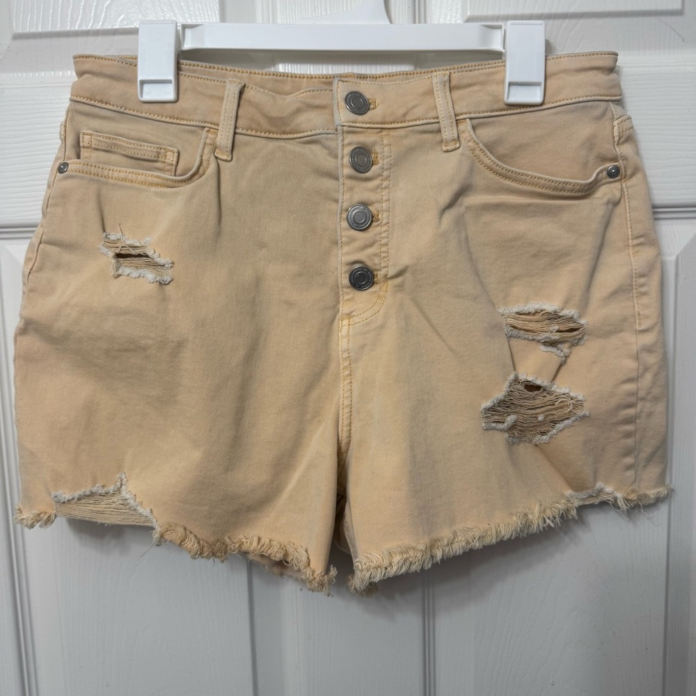 LC Lauren Conrad HighRise CutOff Shorts Distress Yellow Tan Women size 12 Button